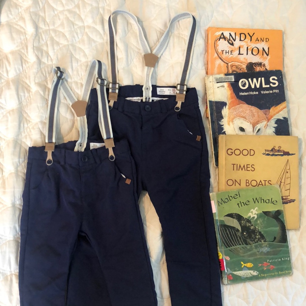 Zara kids blue dress pants with stripe suspenders 2-3T